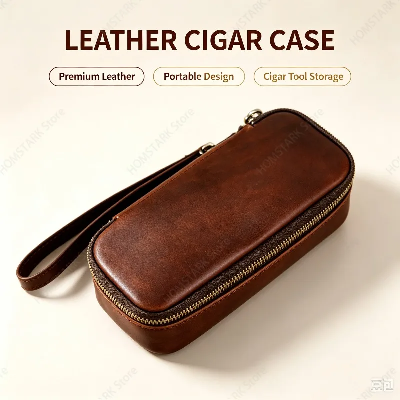 Vintage Crazy‑Horse Leather 2‑Slot Pipe Pouch, Portable Tobacco Pipe Storage Bag for Lighter Tobacco Smoking Travel Accessory