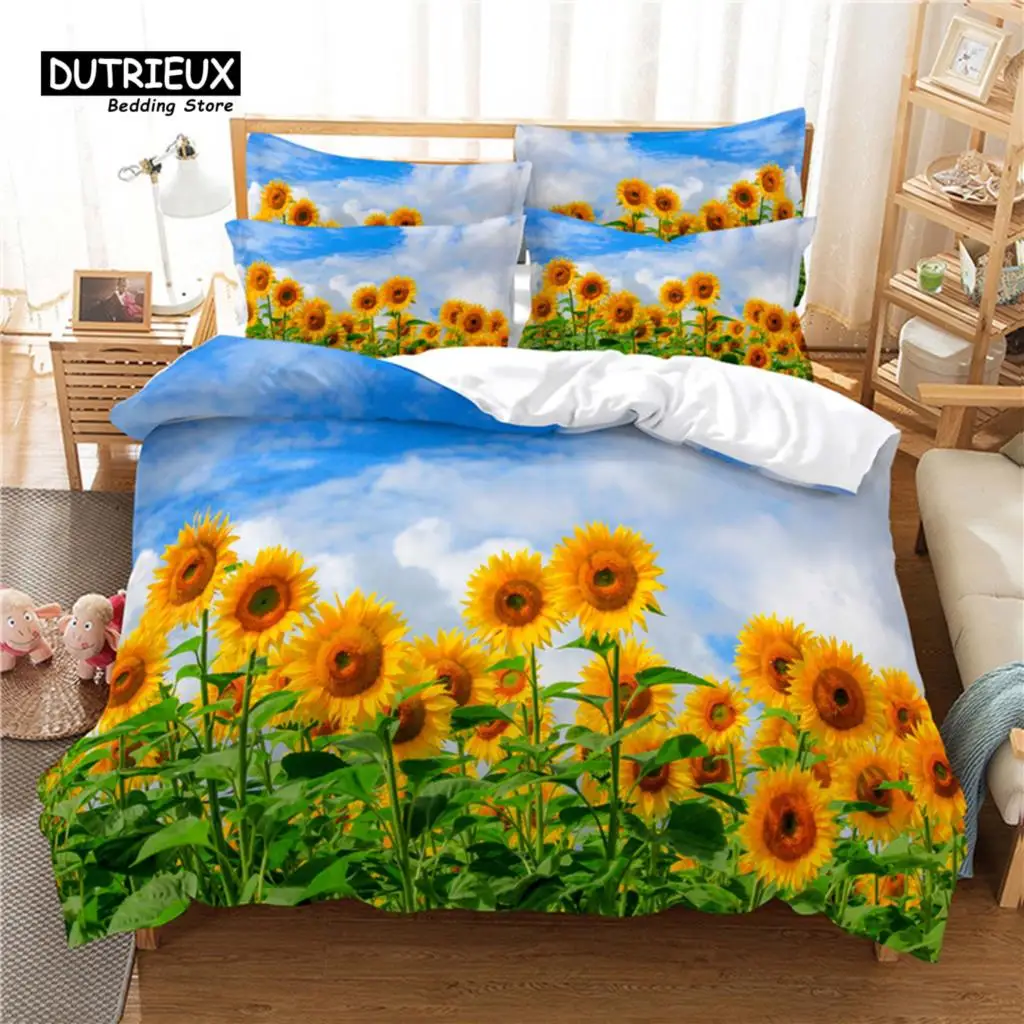 Beautiful SunFlower Bedding Set, 3Pcs Duvet Cover Set, Soft Comfortable Breathable Duvet Cover, For Bedroom Guest Room Decor