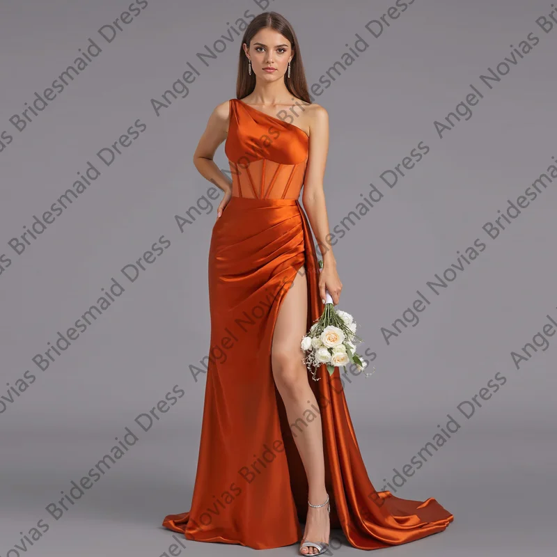 

One Shoulder Sexy Long Burnt Orange Mermaid Bridesmaid Dresses with Side Skirt Wedding Party Dresses Robes Invitee Mariage