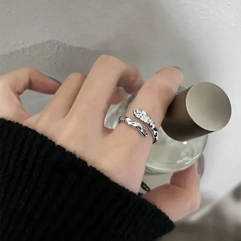 3 Stück/Set, unregelmäßiges Ring-Set in Silberfarbe mit Kristallen, Vintage-Zirkon-Edelstein, offener Ring für Damen, modischer Party-Schmuck, Accessoires. – Detail 6