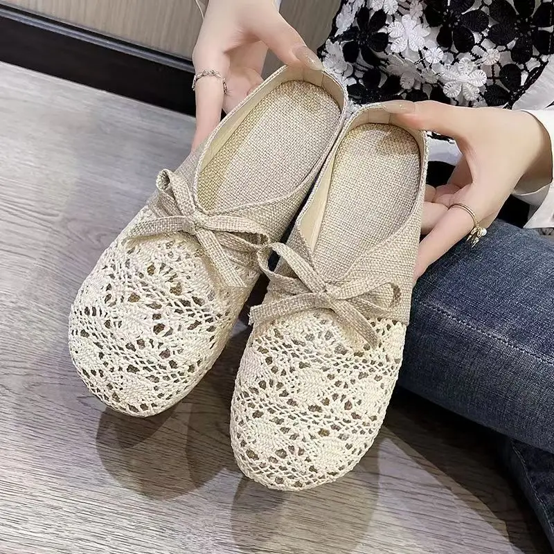 Neue Damen Sommer Spitze Baotou flache Sohle Leinen Hausschuhe weiche Sohle rutsch feste atmungsaktive Home Slipper Outdoor Slipper Lazy Slipper