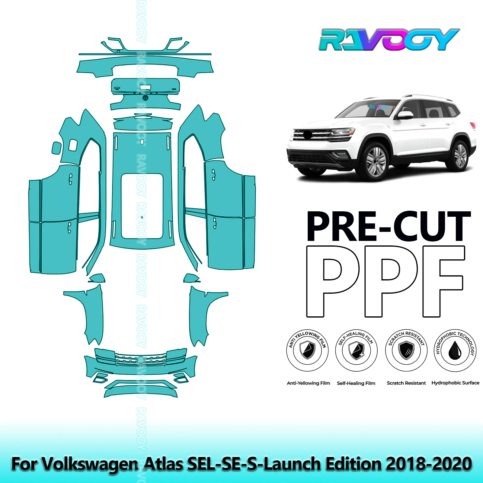 RAVOOY Custom-Fit Precut TPU PPF Full Vehicle Clear Bra Stone Guard EU UK For Volkswagen Atlas SEL-SE-S-Launch Edition 2018-2020
