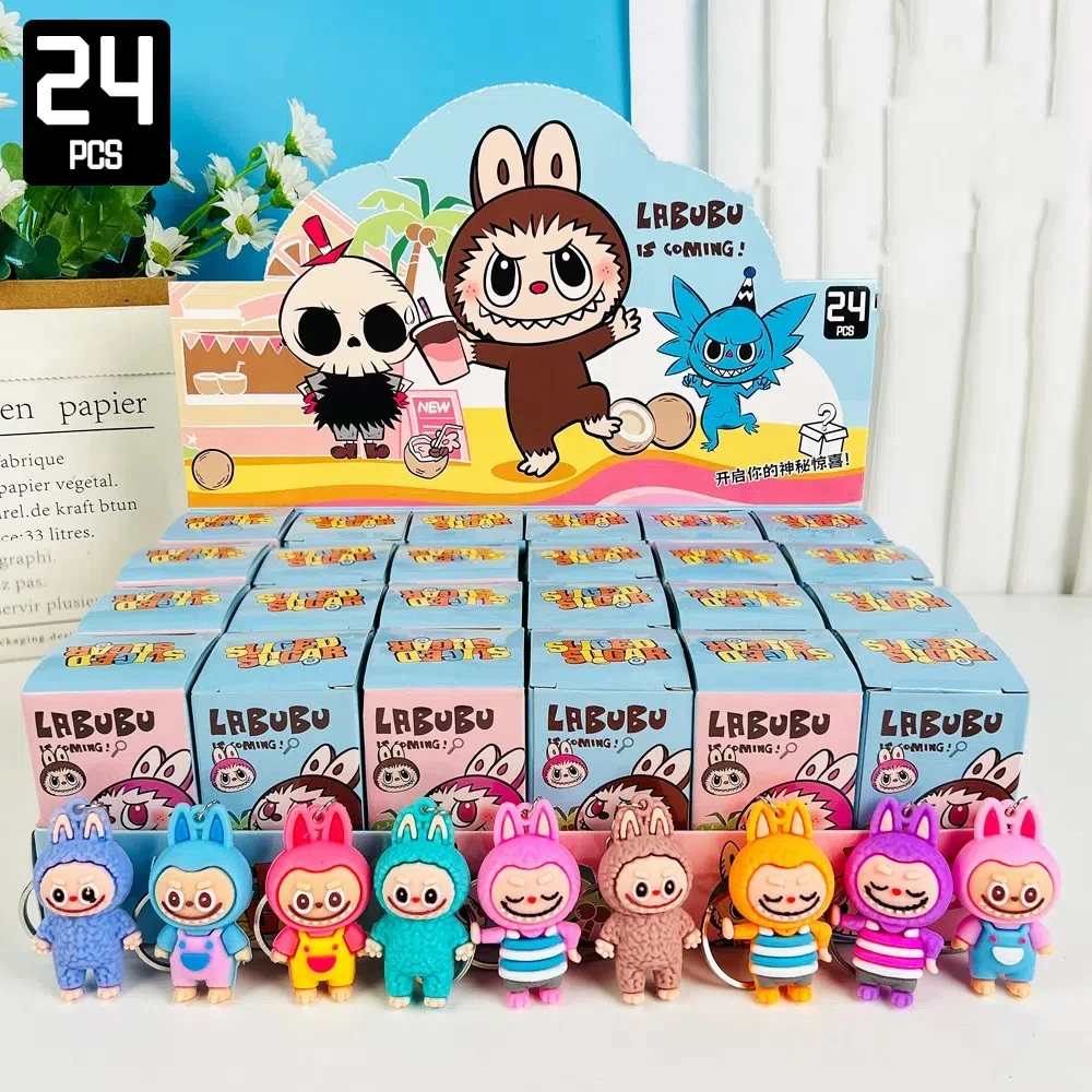 Laris 24 buah seri Labubu gantungan kunci kotak buta boneka PVC modis dan lucu kotak misteri kartun Kawaii tas liontin mainan tersedia