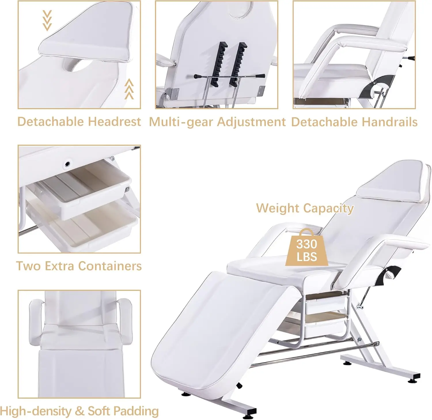 Massage Bed Tattoo Chair Massage Salon with Two Trays,Esthetician Bed with Hydraulic Stool,Multi-Purpose 3-Section Facial Bed