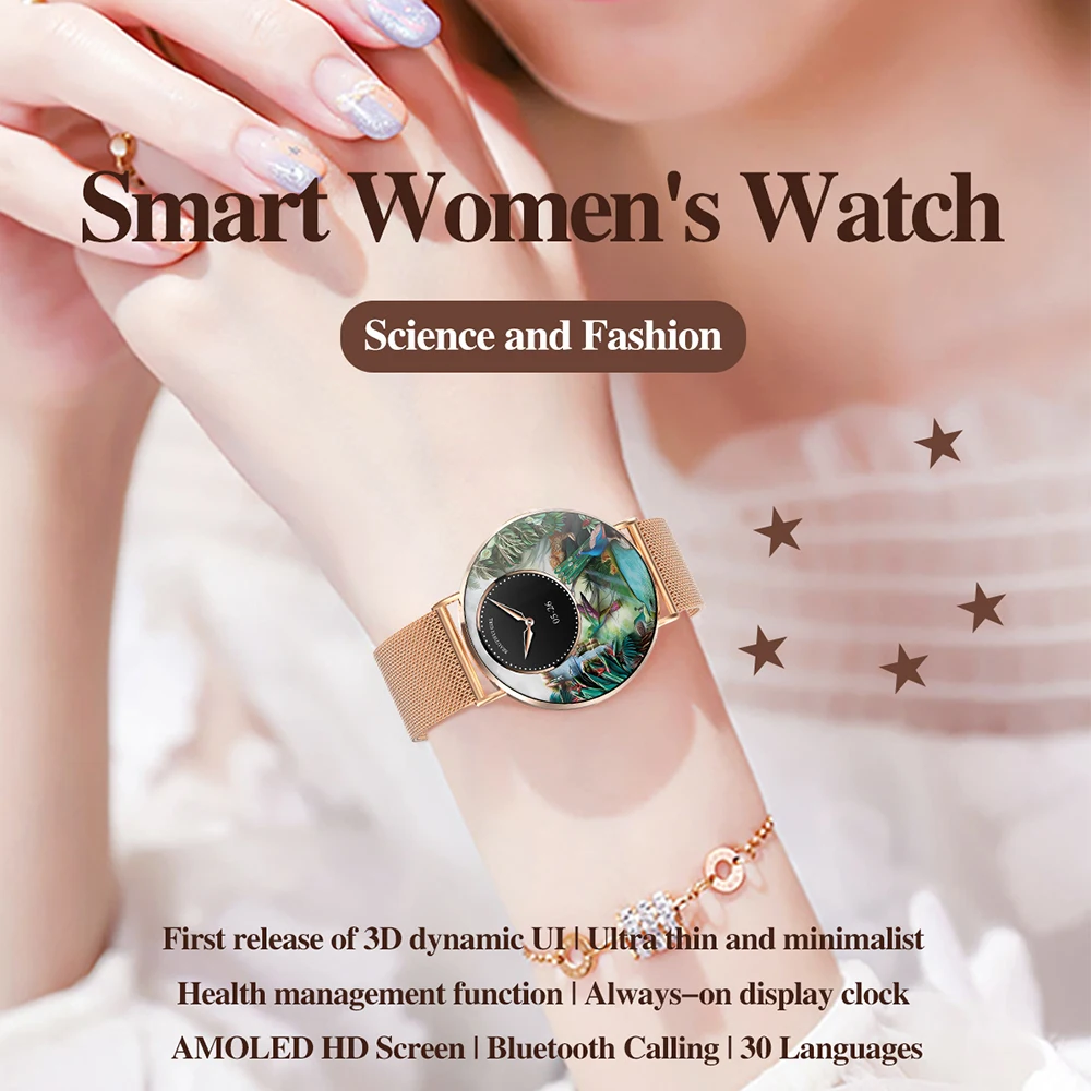KM88 أنثى نساء ساعة ذكية 1.32 "AMOLED دائما على شاشة ثلاثية الأبعاد ديناميكية UI 6.9 مللي متر رقيقة جدا فاخرة سيدة Smartwatch الصحة المقتفي