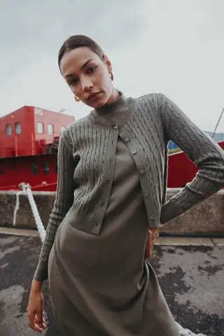 AS AW25 new design knitting cable cardigan + ribbing mockneck dress maxi length match for lady wear