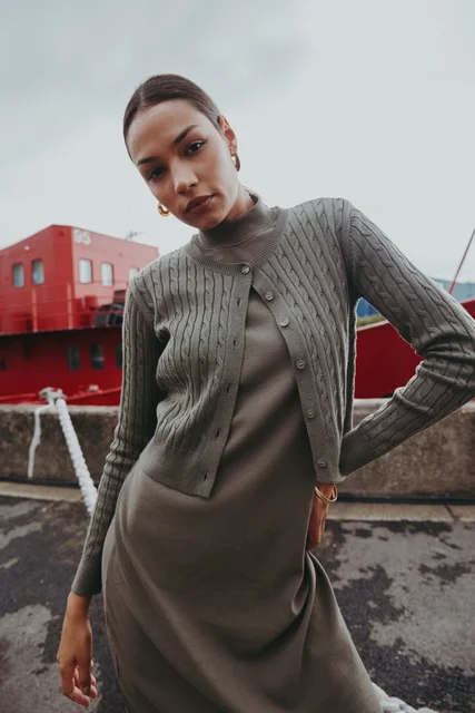 AS AW25 new design knitting cable cardigan + ribbing mockneck dress maxi length match for lady wear
