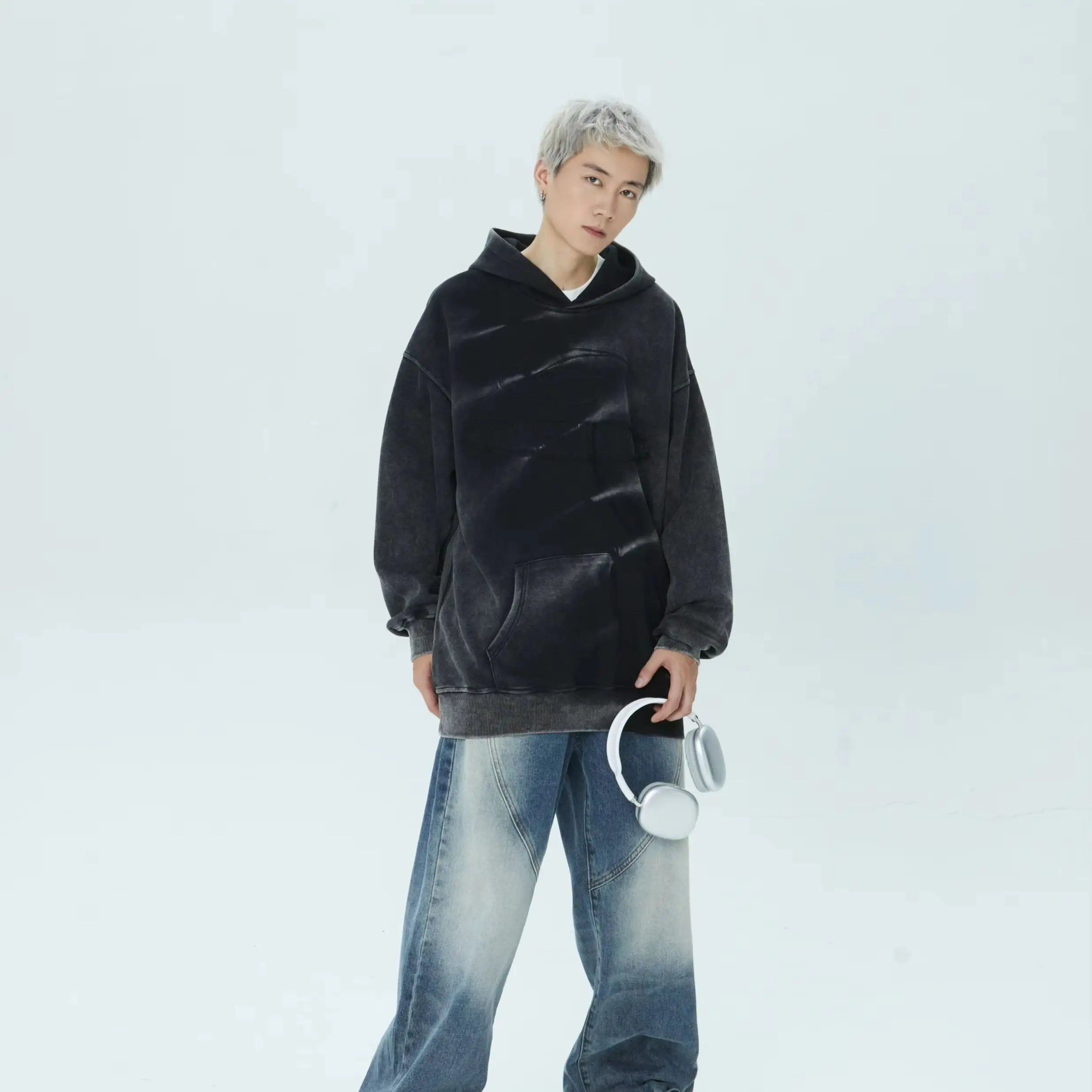 Vintage Washed Tie‑Dye Embossed Letter Graphic Hoodie Oversized Loose Pullover Sweatshirt Unisex Retro Street Hoodies