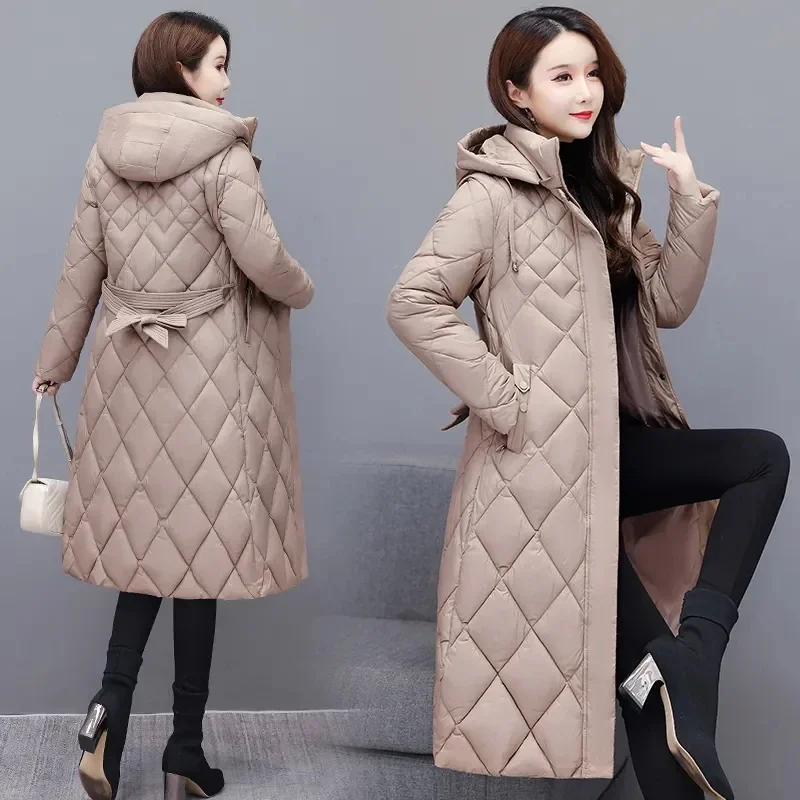 Womens Down Cotton Coat 2024 New Winter Hooded Jacket Long Warm Cotton-Padded Coat Female Slim Puffer Parkas Removable Sleeves