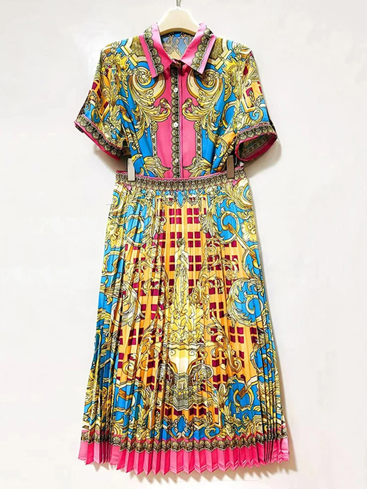 Дизайнерский летний женский костюм 2026: рубашка с коротким рукавом и геометрическим принтом в стиле ретро + свободная плиссированная юбка