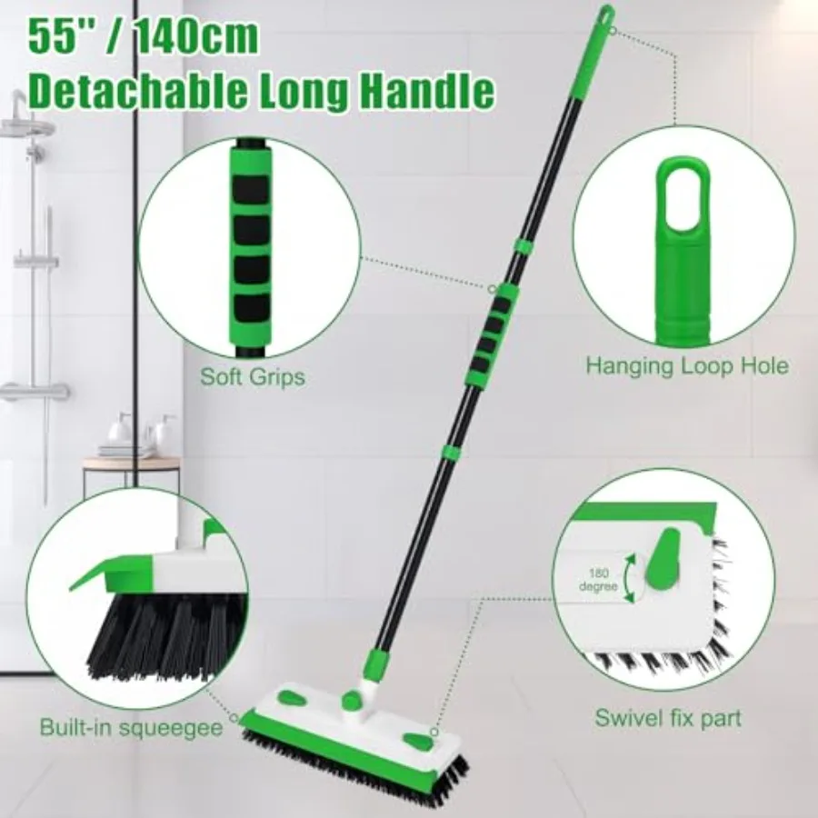 Floor Scrub Brush with Long Handle, 3-in-1 Scrape Scrubber Brush with Squeegee Stiff Bristle Deck Brush for Cleaning Tile Bathr