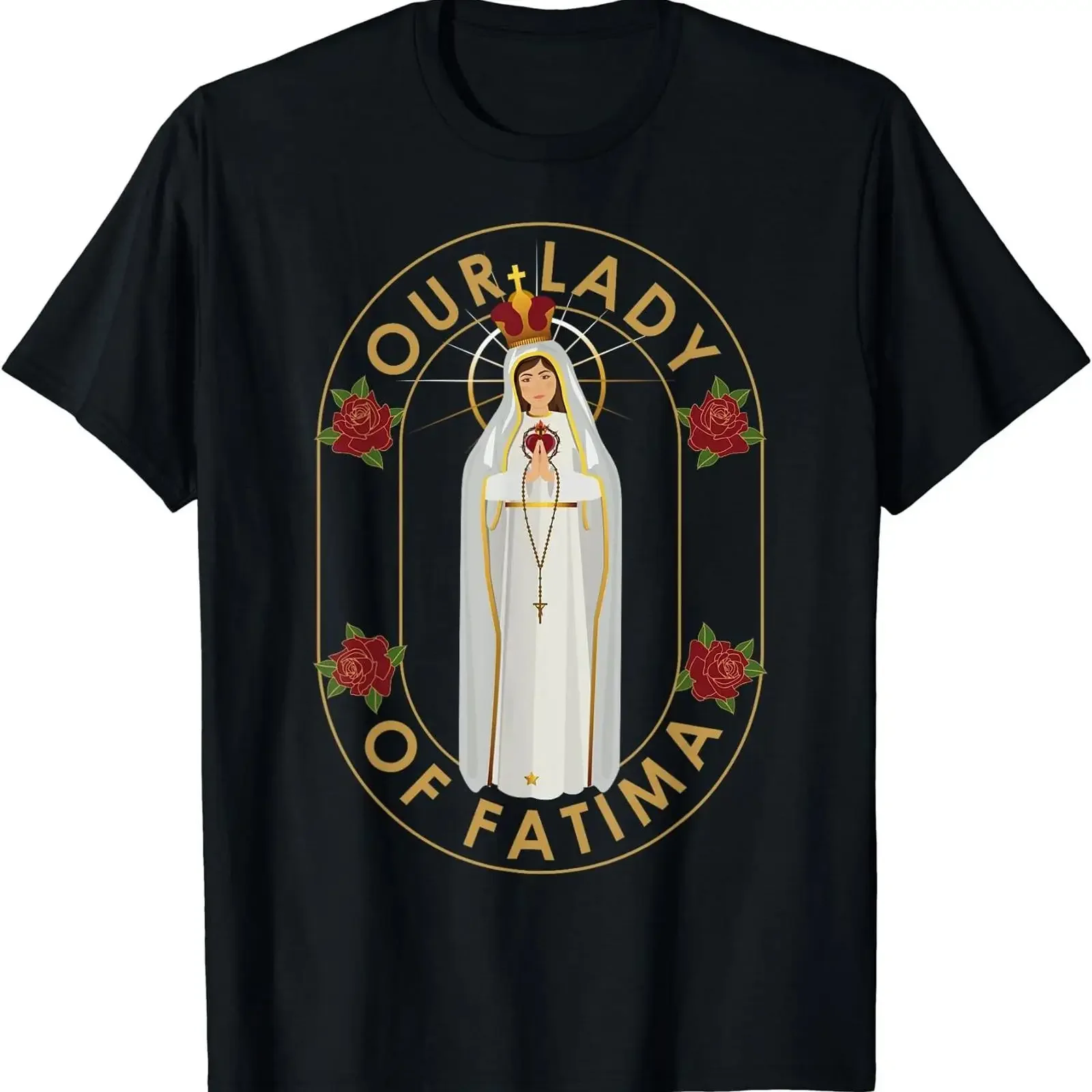New Limited Our Lady of Fatima Rosary Prayer Holy Blessed Mary Catholic T Shirt vintage Washed Top For Everyday Wear Breathable