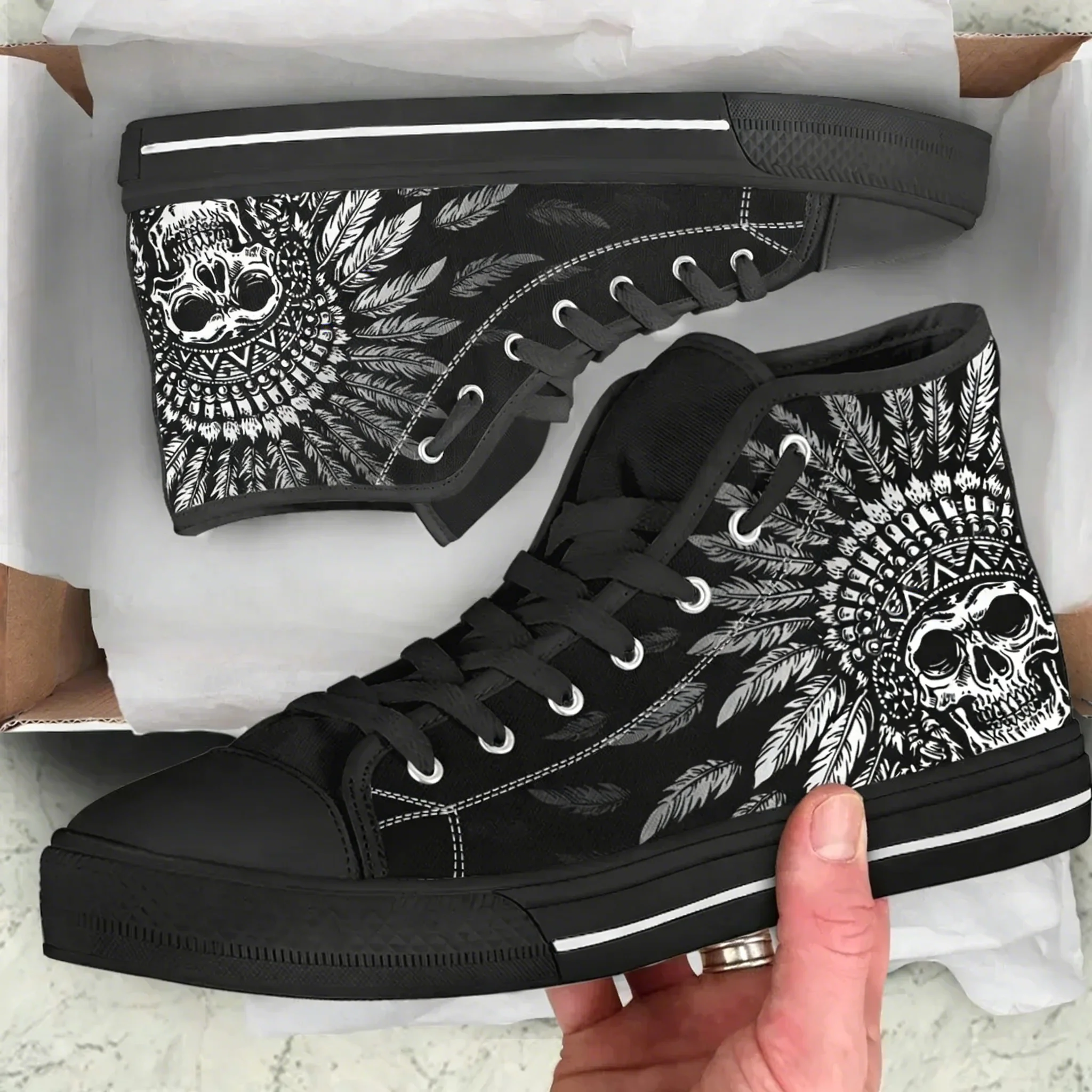

High Top Men's Shoes Tribal Skull Design Comfortable White Sole Shoes Gothic Day Of The Dead Skull Canvas Sneaker