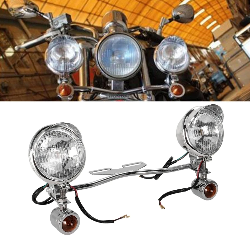 Motorcycle Auxiliary Fog Light Assembly, Pair of 35W Halogen Lamps with Warm Yellow Light, Integrated Mounting Bar and D7YA