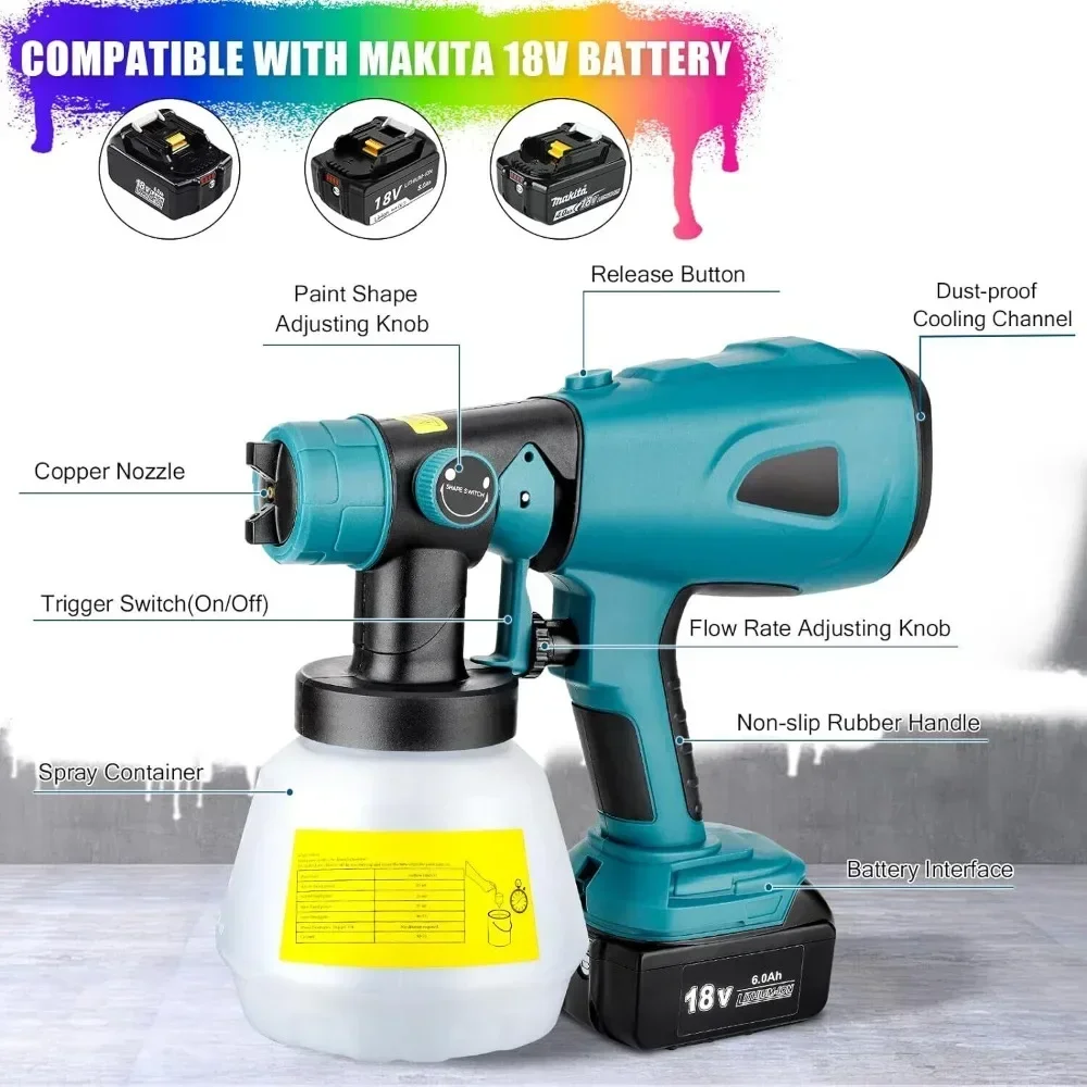 Handheld Cordless Paint Sprayer Spray Gun for Makita 18V Battery for Furniture Fence Cars Walls DIY Works House Painting