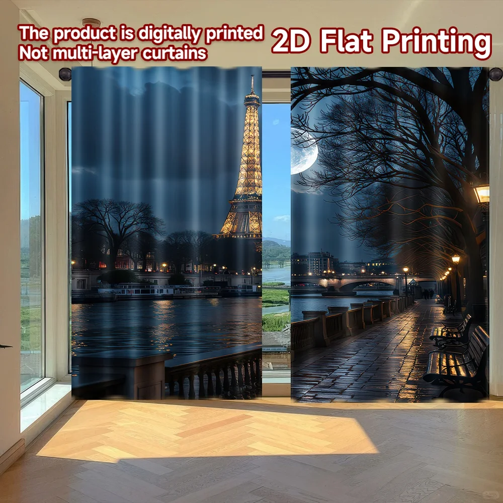 2D flat printing 2pcs Curtain Paris Night with Eiffel Tower Digital Printed Polyester Drapes Festive Holiday for Yard & Garden