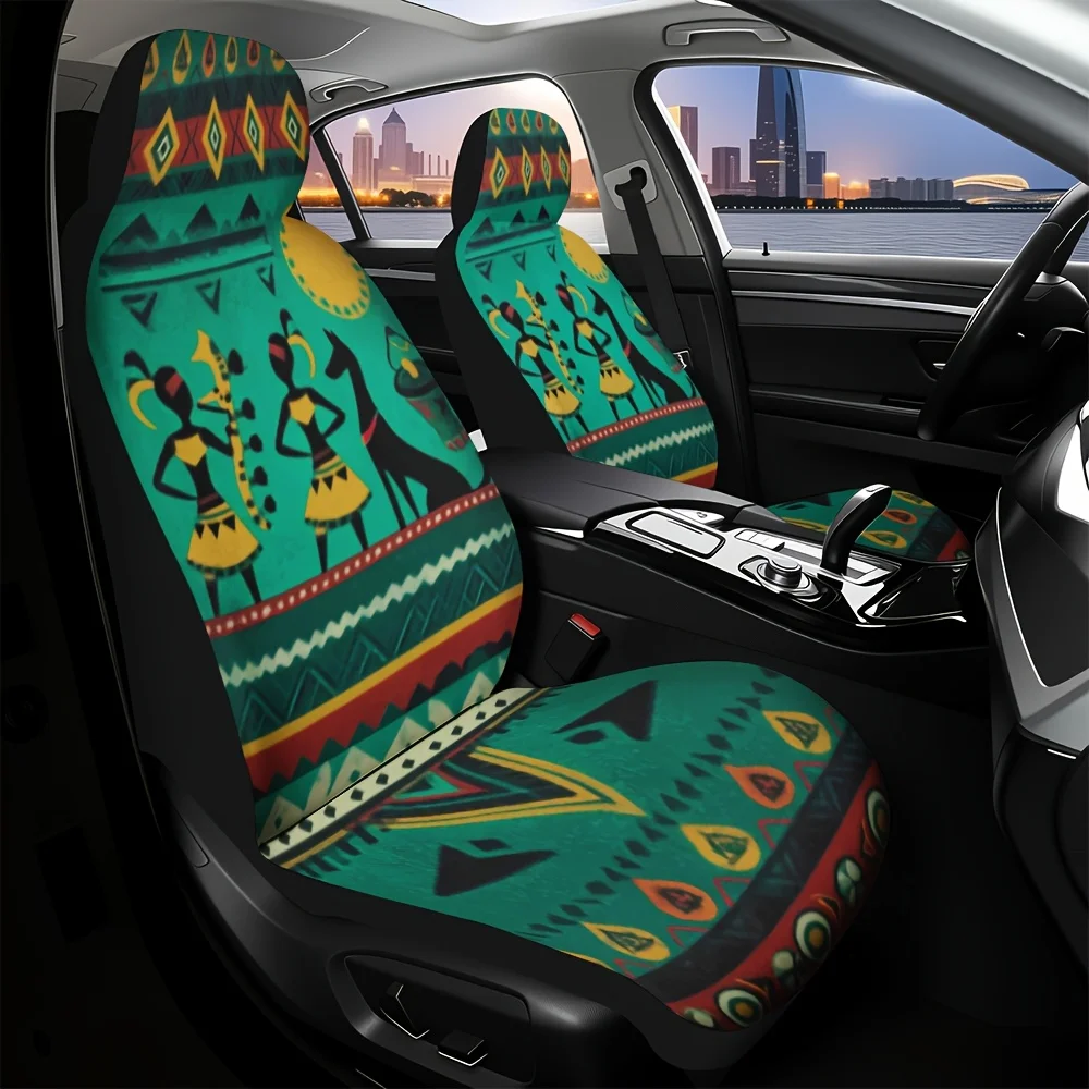 2pcs Modern Tribal Sun Wolf Print Car Seat Covers - Vibrant Green, Yellow, Red, Brown, Orange, Pink, Purple, Teal, Golden, Car S