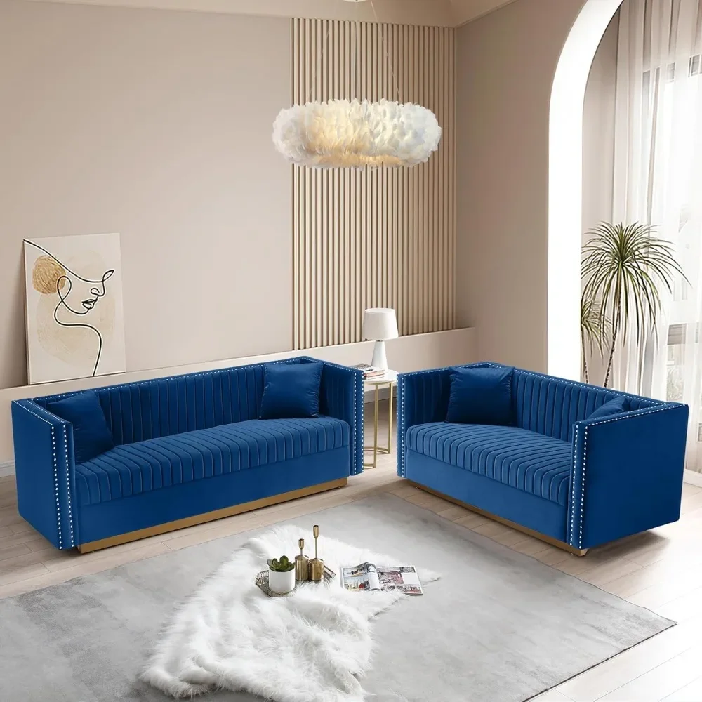 Luxury Velvet Sofa Set for Living Room, Modern Decor Furniture Channel Sofa Couch and Loveseat with Nailhead Gold Metal Legs