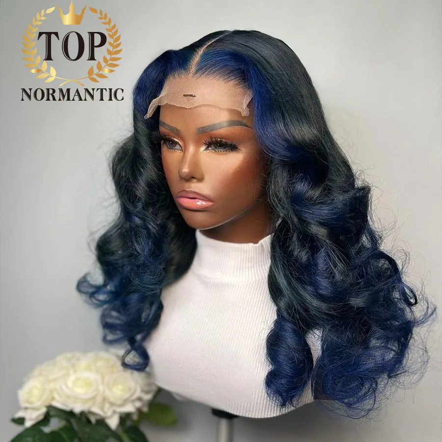 Topnormantic Highlight Dark Blue Color 13x4 Lace Front Wig with Middle Part Brazilian Hair 4x4 Closure Wig for Woman Transparent