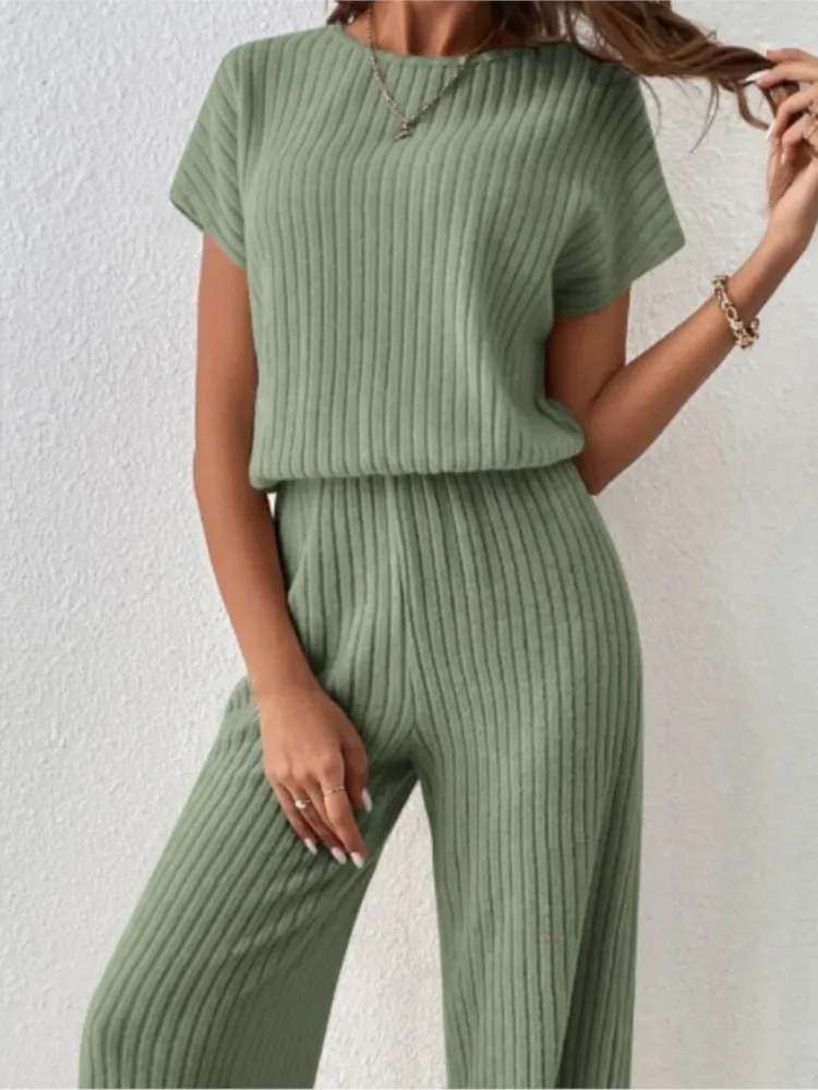 Women\'s Spring Autumn Fashionable Knitted Suit Solid Color Slim Striped One-Shoulder Elegant Short-Sleeved Top Pants 2 piece Set