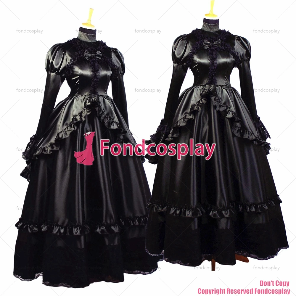 fondcosplay adult sexy cross dressing sissy maid long Victoria Medieval Gown Black Satin Dress Cosplay Costume CD/TV[G660]