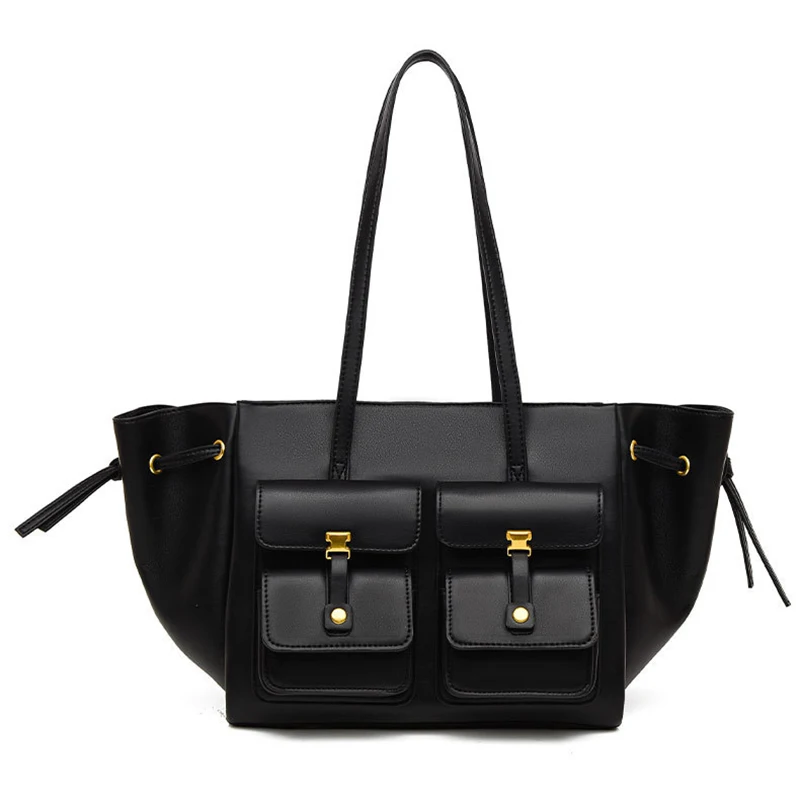 

Workwear-Style Double-Pocket Drawstring Tote Bag for Women, Large Capacity Pu Commuter Shoulder Handbag, Layered Storage, Can Hold Tablet and Documents