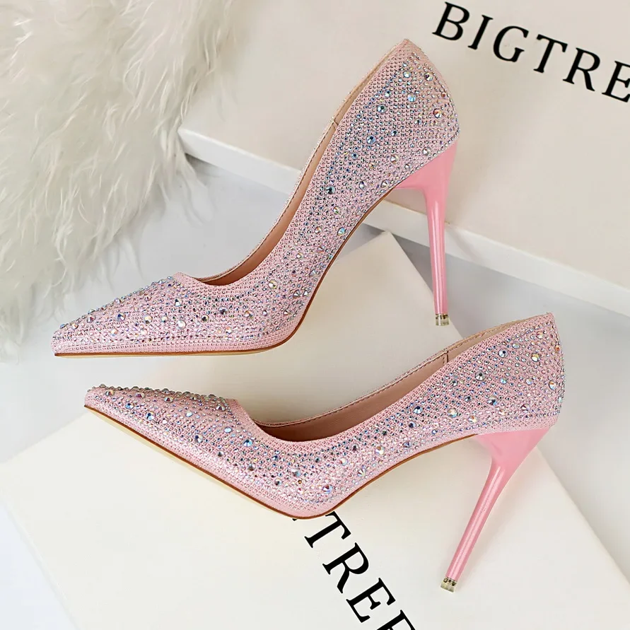 Women 10cm High Heels Stripper Bling Crystal Escarpins Pumps Lady Stiletto Wedding Bridal Fetish Rhinestone Gold Pink Prom Shoes