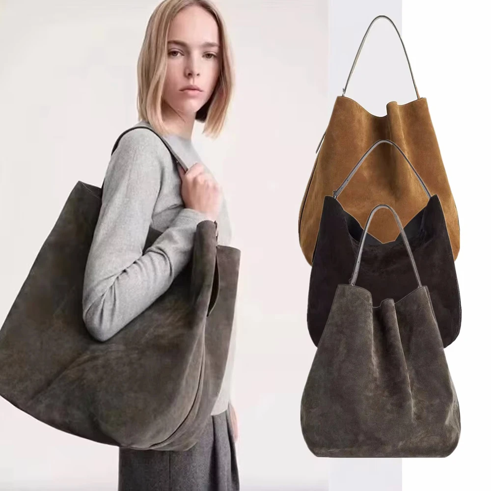 

Large Capacity Tote Bag for WomenMinimalist Vintage Suede Frosted Cowhide Bucket Bag Genuine Leather Commuter Bag