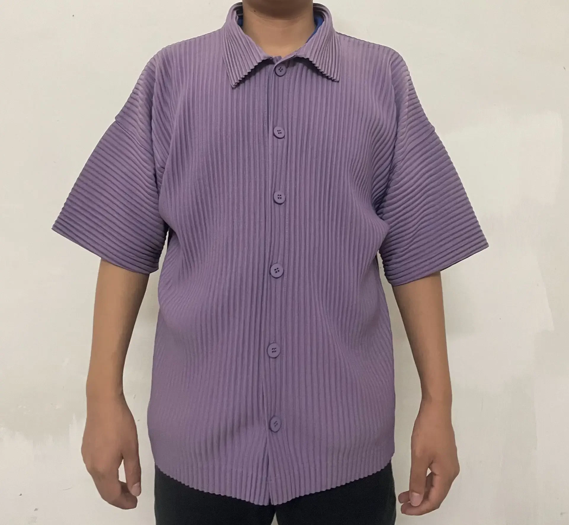 Miyake Style Pleated Men Shirt Lapel Collar Short Sleeve Button Up Loose Summer Blouse solid color shirt lapel collar short