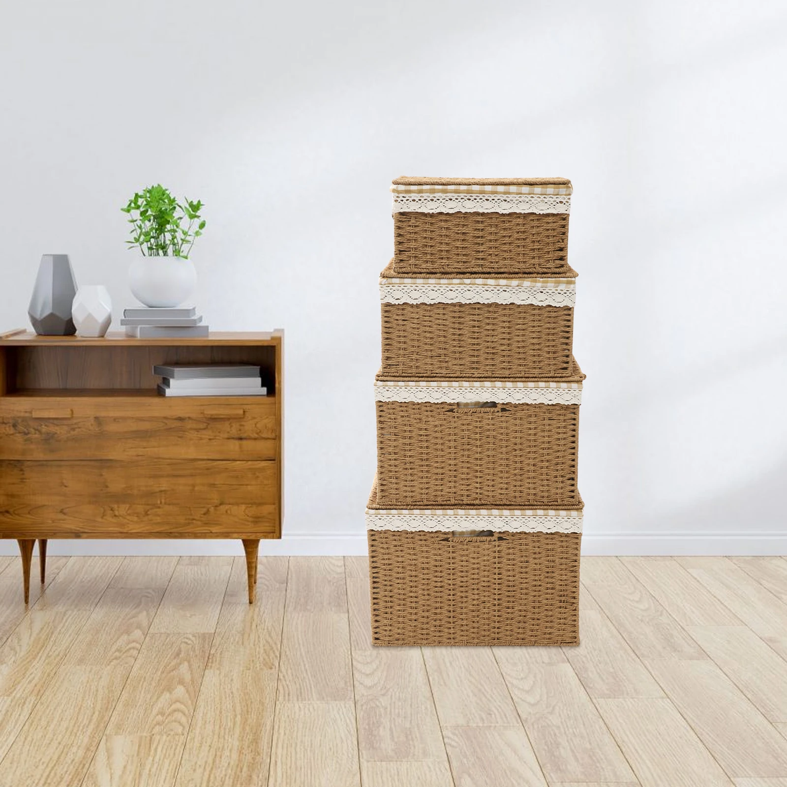 

Durable Faux - Rattan Storage Boxes with Lids,Large Storage Bin with Handle & Liner, Rope Woven Basket for Organizing Clothes