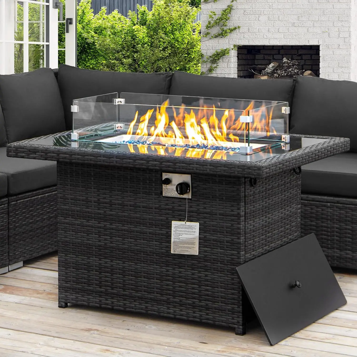 Wicker Fire Pit Table, 60000 BTU 43'' Rectangle CSA Fireplace for Deck Backyard with Windguard Glass Rocks Cover, Customized