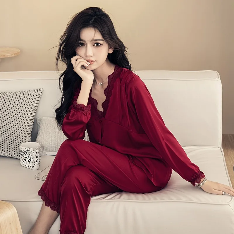

Pajamas Women's Spring And Autumn New Long Sleeve Pants Ice Silk Sexy Red Cardigan Two Piece Set V-neck Lace Solid Home Pajamas