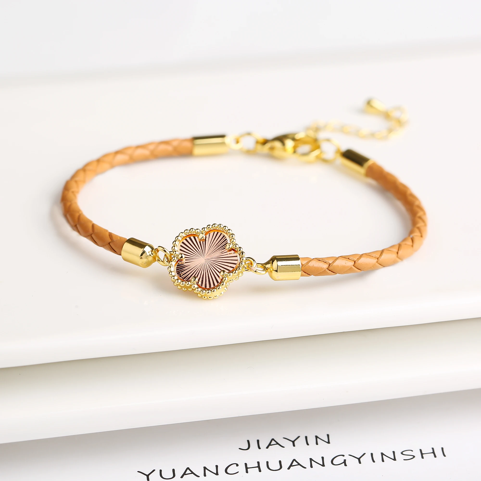 Classic Genuine Leather Woven Natural Stone Flower Charm Bracelet