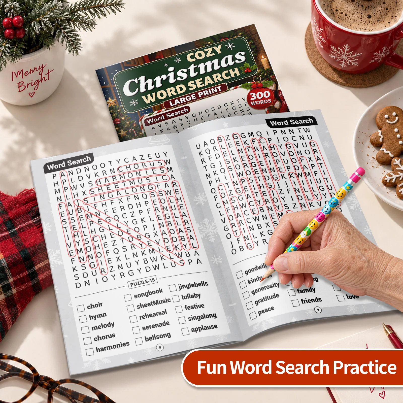 Cozy Christmas Word Search, Large Print Puzzle Book for Adults & Seniors with 300 Festive Holiday Words