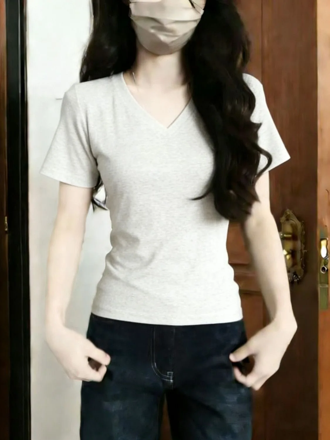 Summer Women's Slim Fit Short Sleeve T-Shirt V-Neck 95% Cotton Thin Elastic Casual Top for plus Size MM Comfortable Shirt