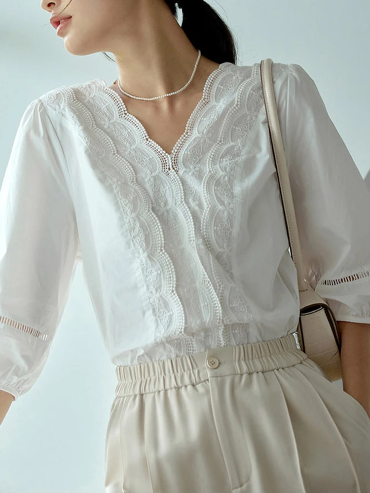 2025 New Summer Short Sleeve White Shirts Women Embroidered Lace Blouse V Neck Hollow Out Tops Female Elegant Office Ladies Tops