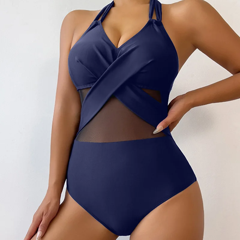

2025 New Arrival European & American Style One-Piece Swimsuit Conservative Solid Color Mesh Bikini Set Luxury Swimwear for Women