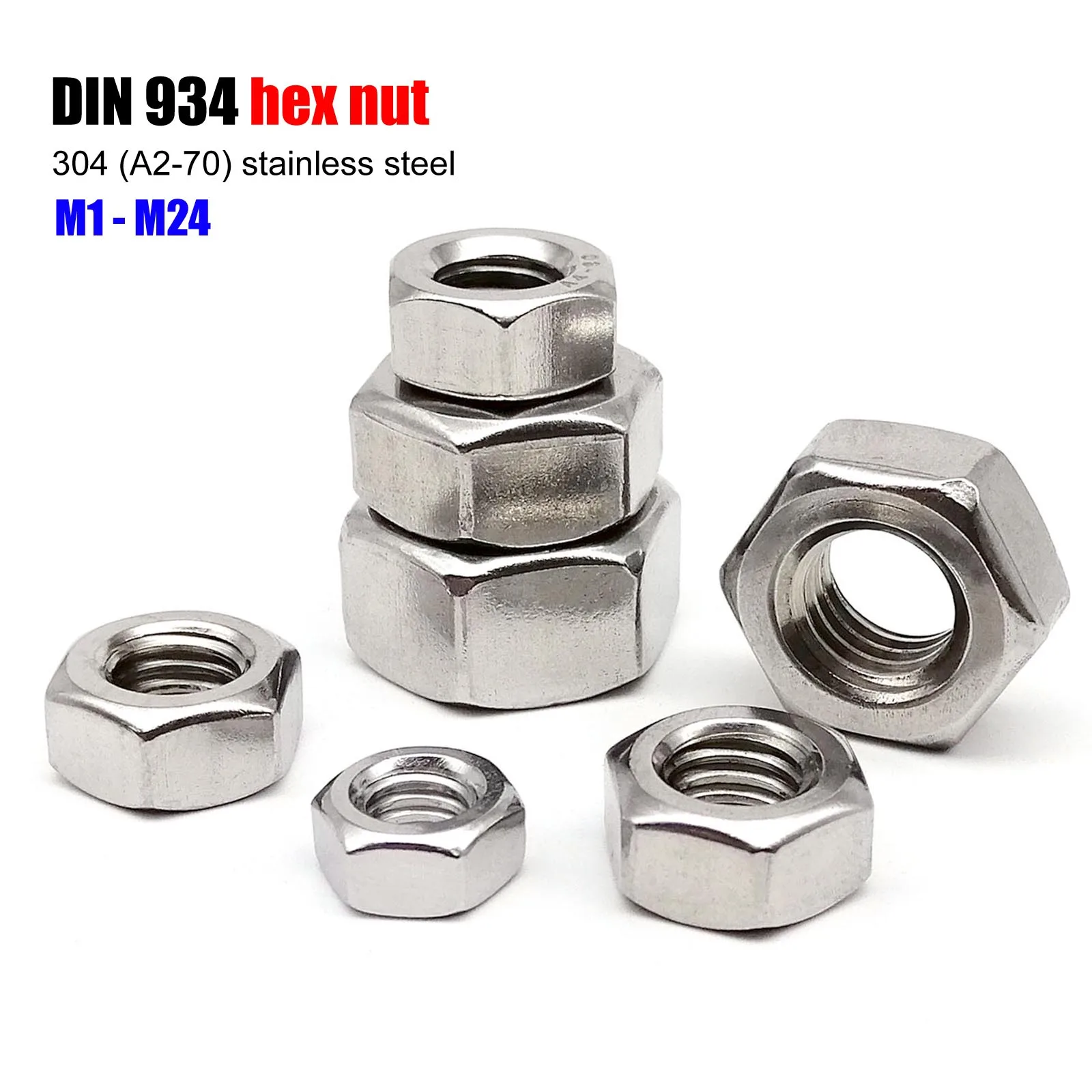 M1 M1.2 M1.4 M1.6 M2 M2.5 M3 M3.5 M4 M5 M6 M8 M10 M12 M16 M20 M24 DIN934 304 Tuerca hexagonal de acero inoxidable