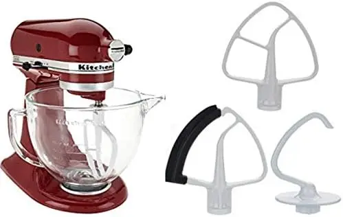 5-Quart Stand Mixer Glass Bowl Candy Apple Red Chef's Whisk, Flat Mixing Paddle, Dough Hook,