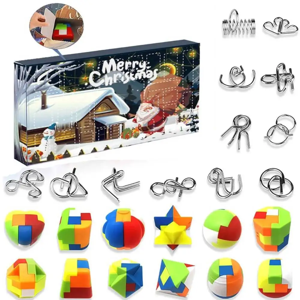 Christmas Advent Calendar Brain Teaser Puzzles Fun Challenges Toys 24 Pcs Metal & Plastic Puzzle Christmas Gift for Kids Teens