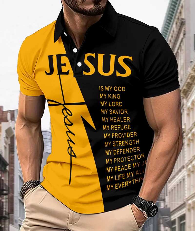 

Fashion New Jesus Graphic 3D Printed Polyester Men's Polo Shirt Casual Breathable Contrast Tops Summer Loose Short Sleeve Shirts