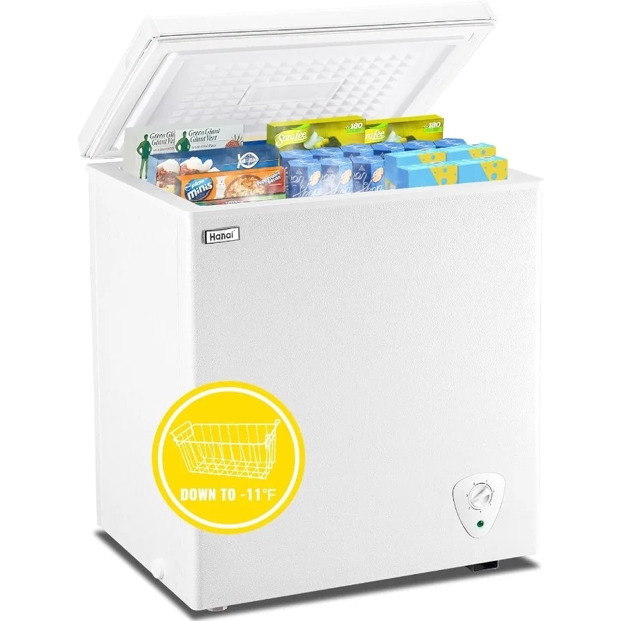 

Small Chest Freezer with Removable Storage Basket Top Door Compact 7-Gear Temperature Control White for Office Dorm Apartment