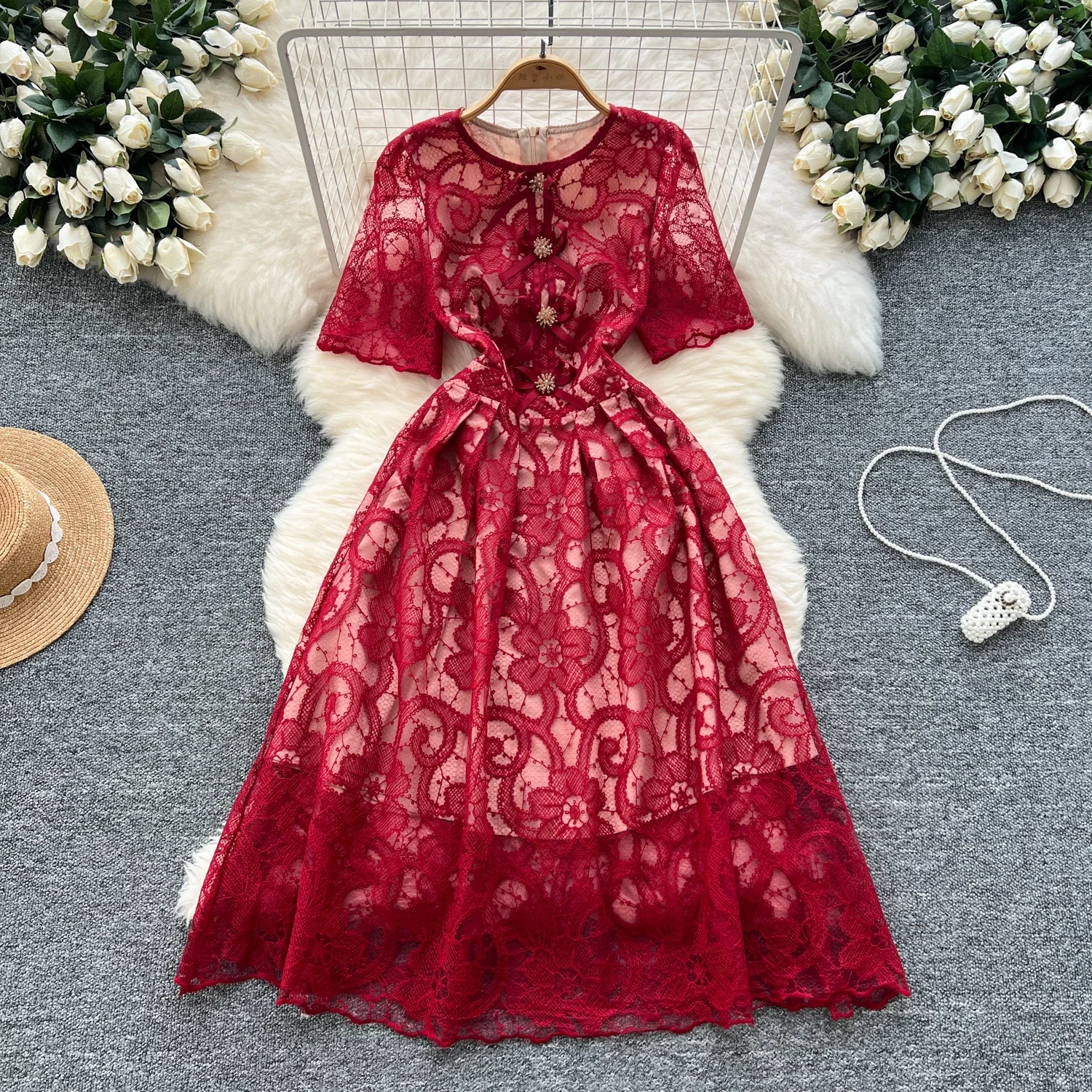Elegant Hollow Out Hook Flower Lace Vintage O-neck Chic Short Sleeves Slim Long Dress French Evening High Street Summer Clothing