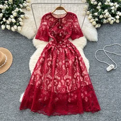 Elegant Hollow Out Hook Flower Lace Vintage O-neck Chic Short Sleeves Slim Long Dress French Evening High Street Summer Clothing