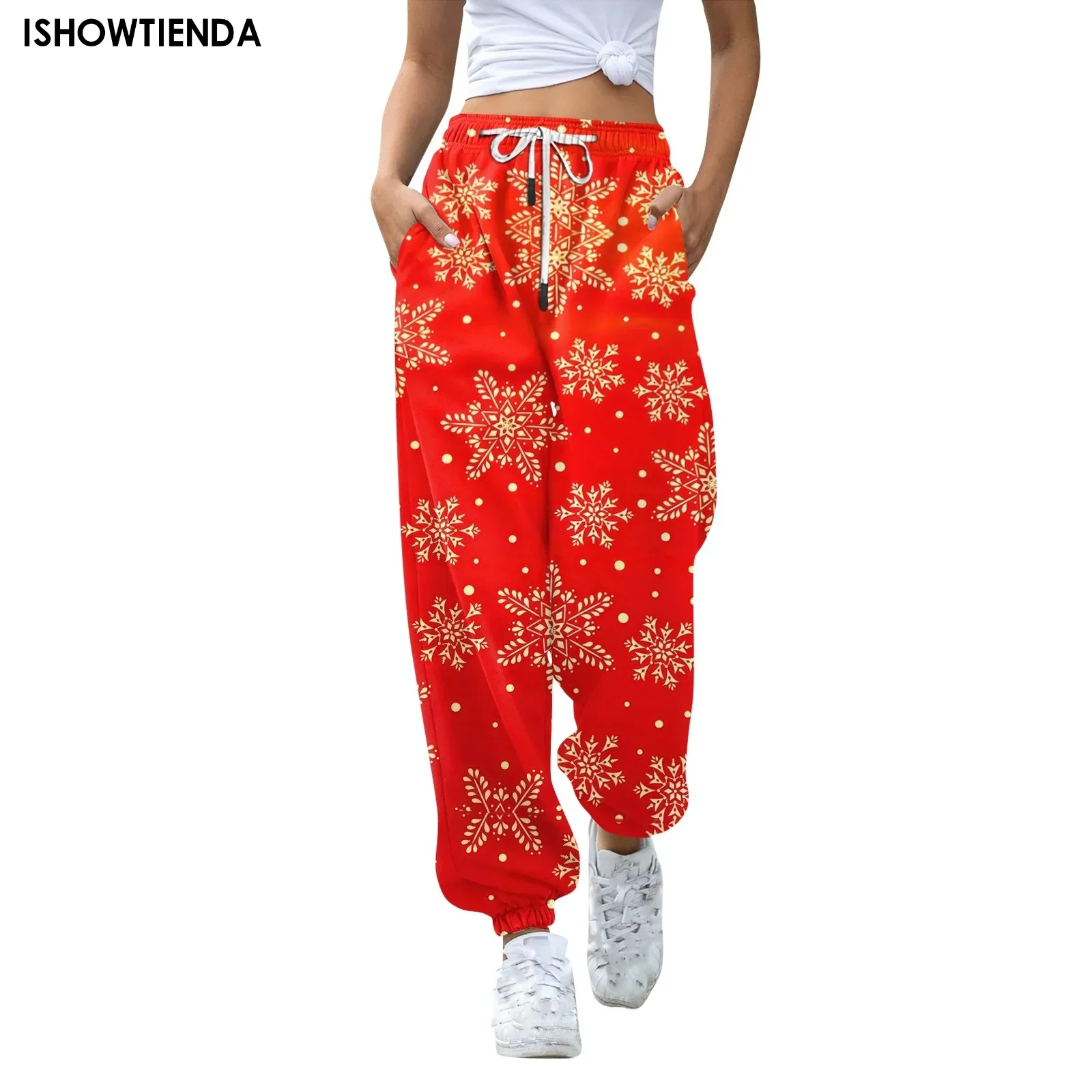 Christmas Pants Women Fashion Joggers High Waist Sporty Gym Athletic Fit Jogger Patchwork Print Snowflake Sweatpant Bottoms