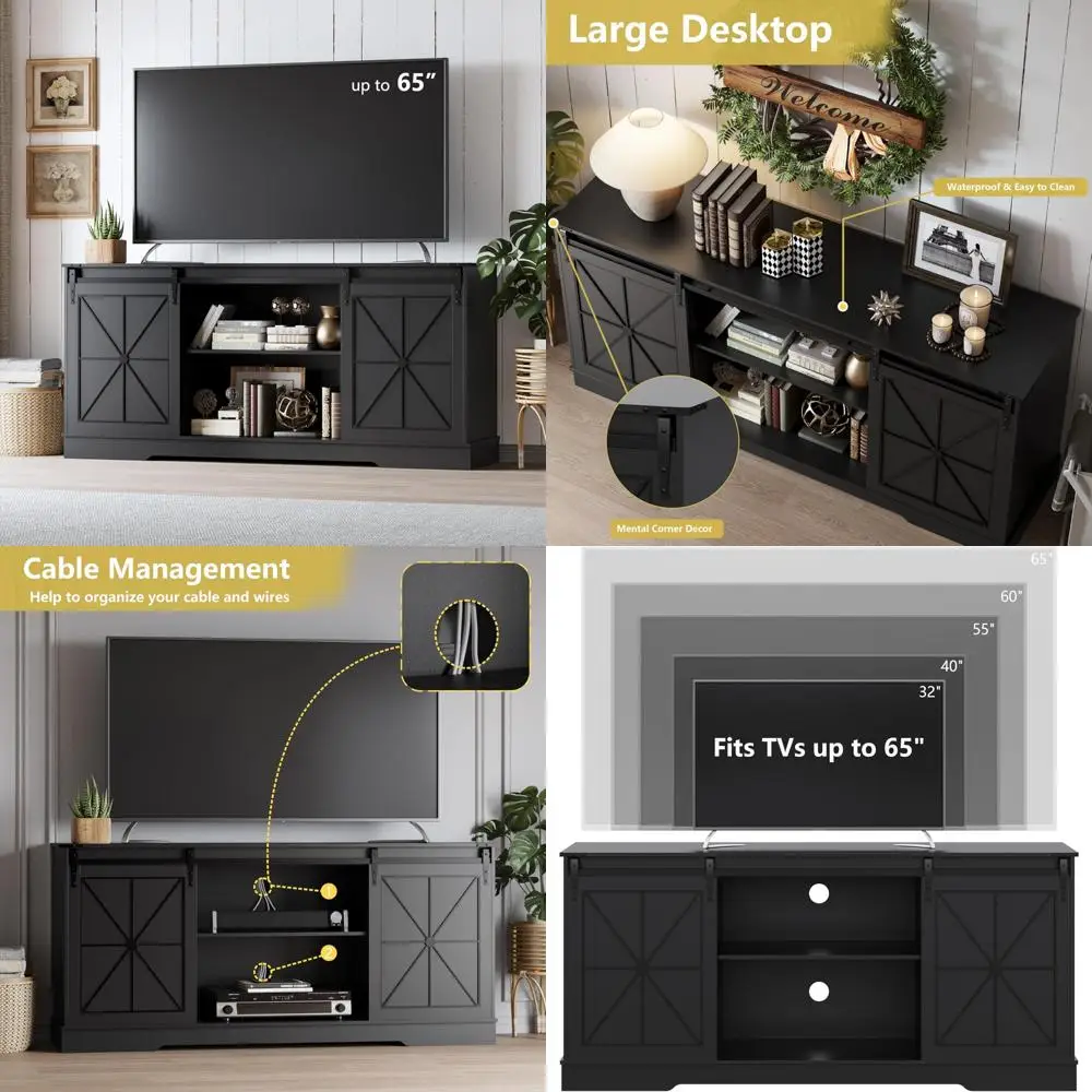 Rustic Modern TV Stand for 65-55 Inch TVs, Entertainment Center with Storage and Sliding Barn Doors