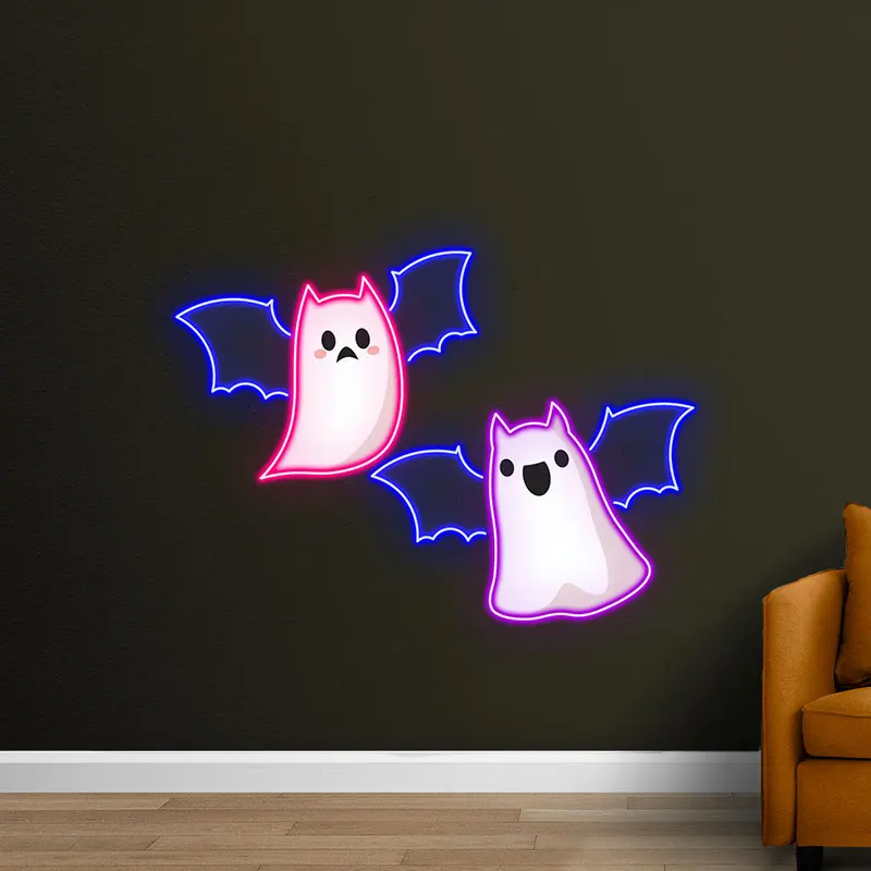 Halloween Ghost Bat Neon Light - LED Halloween Party Decor, Spooky Indoor/Outdoor Decoration for Haunted House, Trick-or-Treat