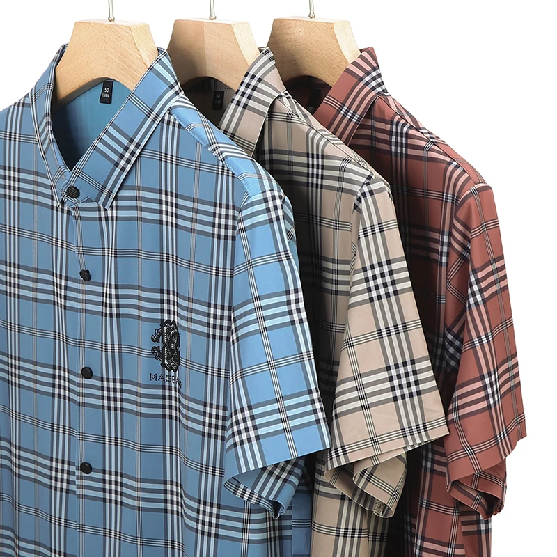 Luxury Brand 2024 Men\'s Summer New Plaid Embroidery Hot Diamond Ice Silk Shirt Trend Seamless Lapel Comfortable Top Men\'s Wear