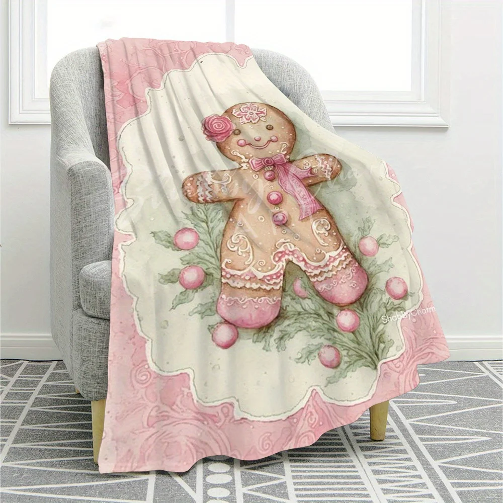 Christmas Pink Gingerbread for Man Cookie Winter Flannel Blanket, Digitally Printed Sofa Throw, Air Conditioning Blanket, Nap Bl