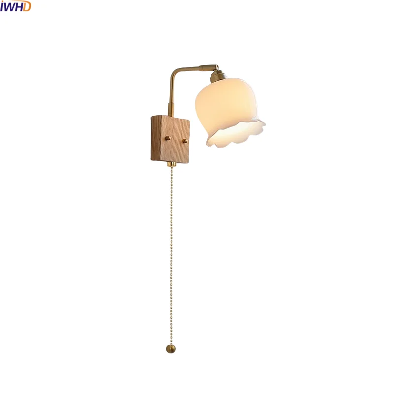 

IWHD Nordic Decor LED Wall Sconce Lights Gold Brass White Glass Pull Chain Switch Bedroom Decoration Bedside Lamp Wandleuchte